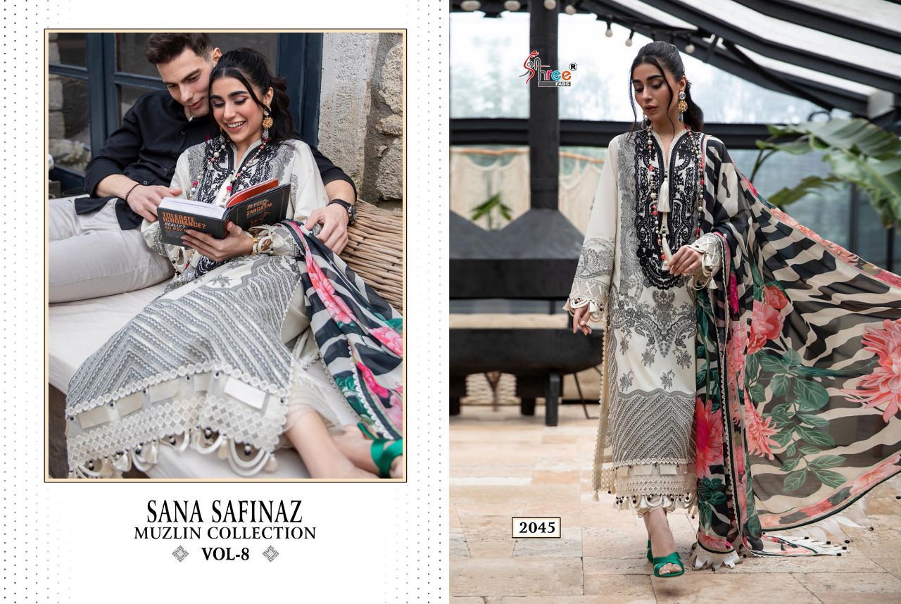 shree fab sana safinaz muzlin collection vol 8  cotton catchy look salwr suit with chiffon dupatta catalog