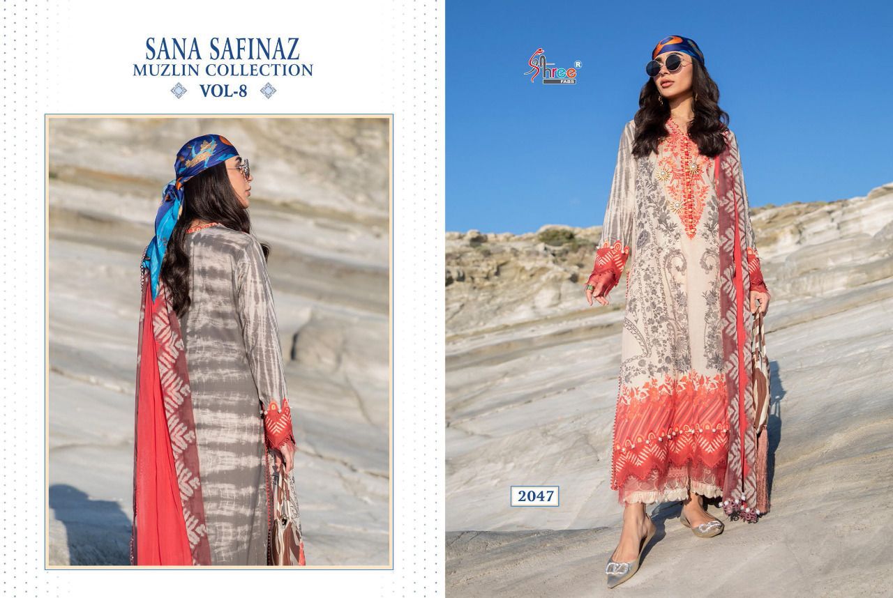 shree fab sana safinaz muzlin collection vol 8  cotton catchy look salwr suit with chiffon dupatta catalog