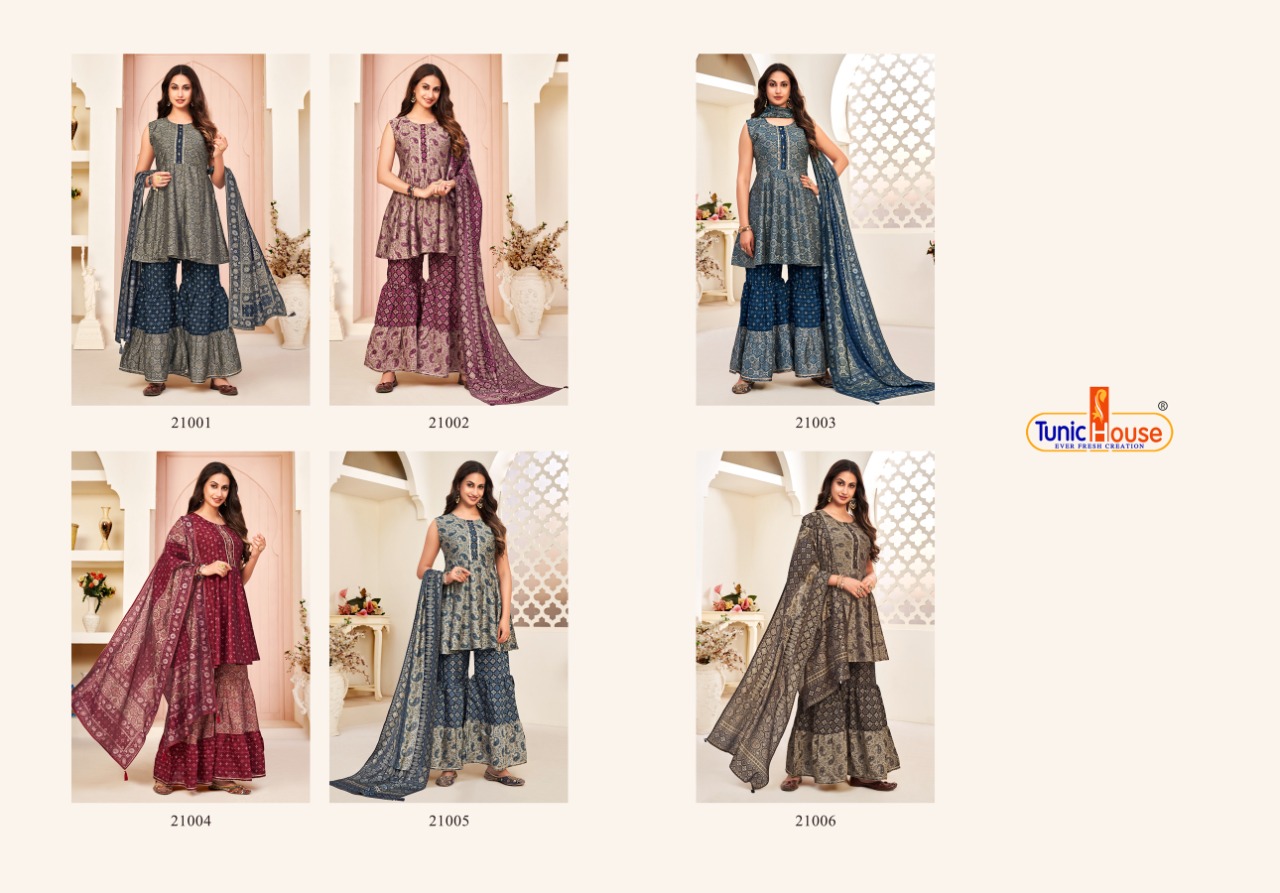 tunic house harlin 2 muslin new and modern style top sharara with dupatta catalog