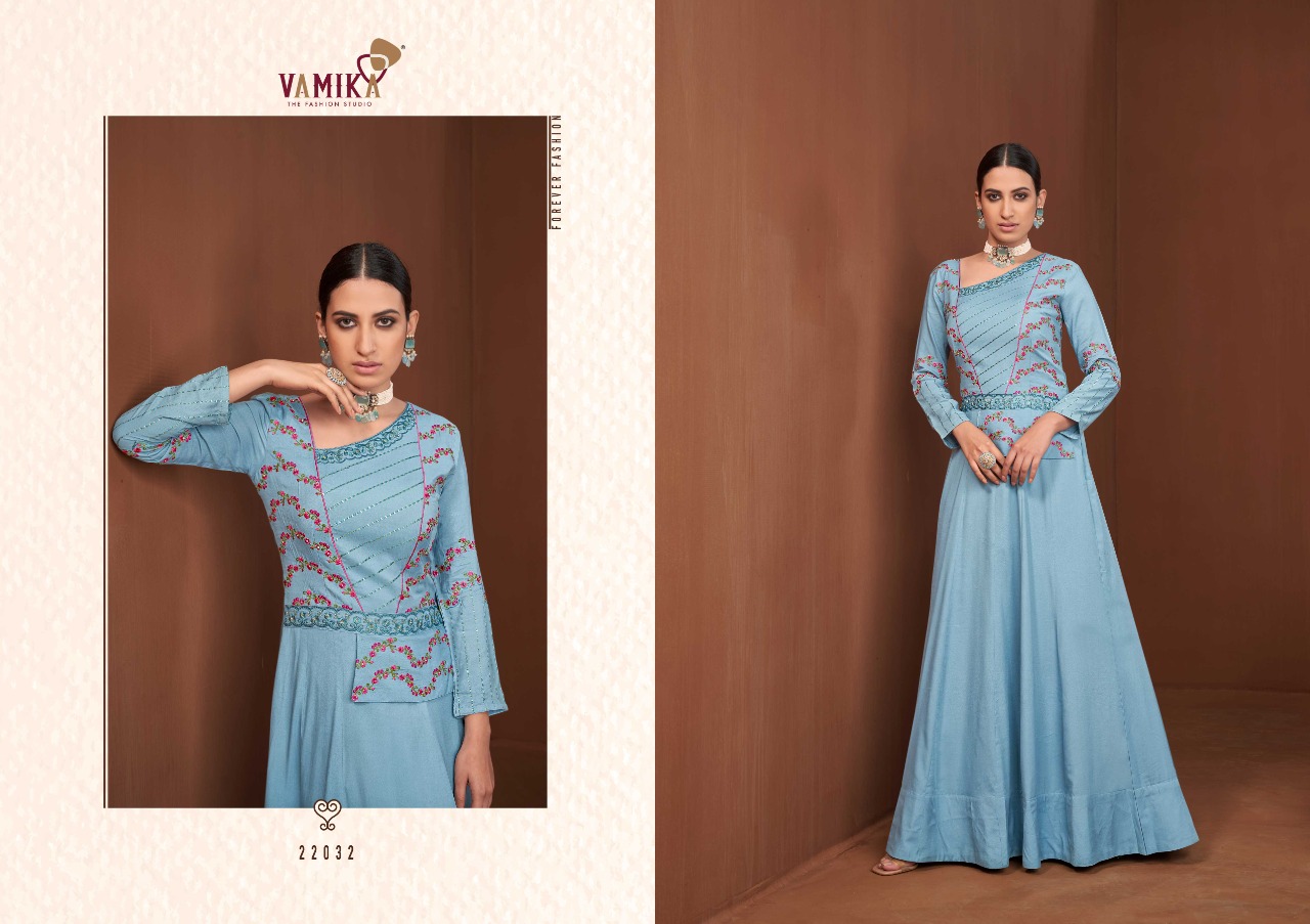 vamika nx amorina vol 7 D NO 22032 To 22036 maslin silk elegant top catalog