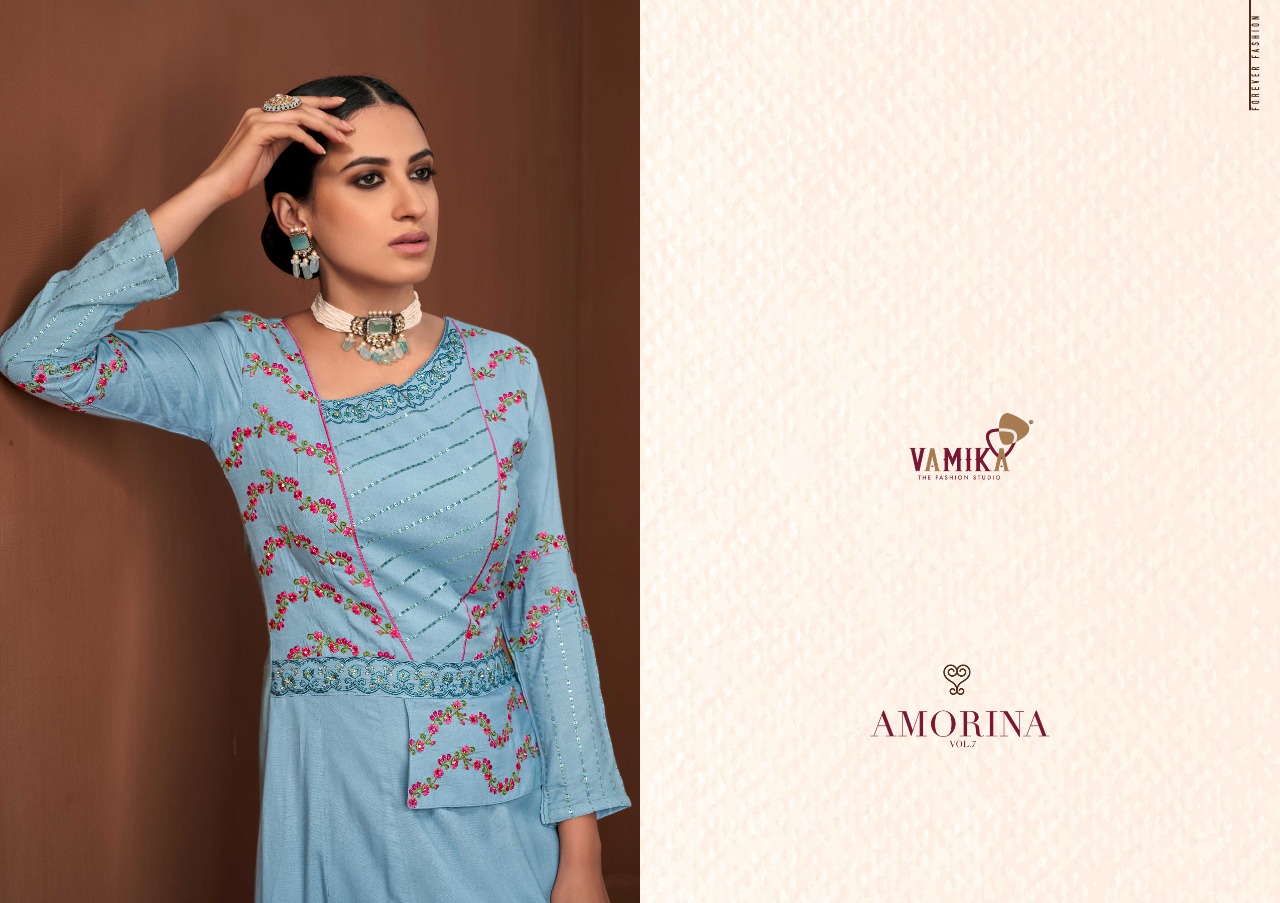 vamika nx amorina vol 7 D NO 22032 To 22036 maslin silk elegant top catalog