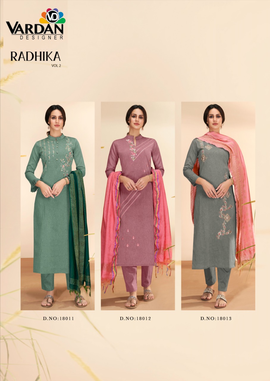 vardan designer radhika vol 2 cotton decent look top with bottom and dupatta catalog