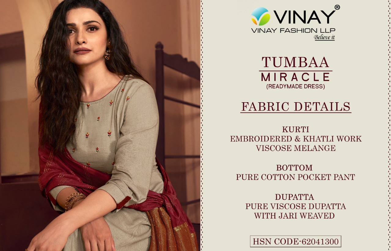 vinay fashion tumbaa miracle viscose decent embroidary look top bottom with dupatta catalog