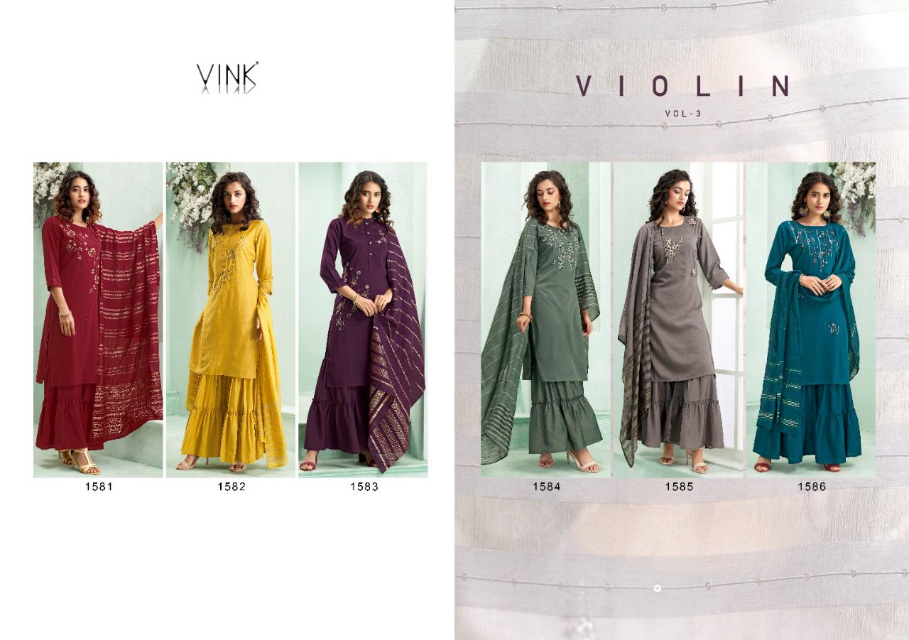 vink violin 3 silk innovative look kurti dupatta with sharara catalog