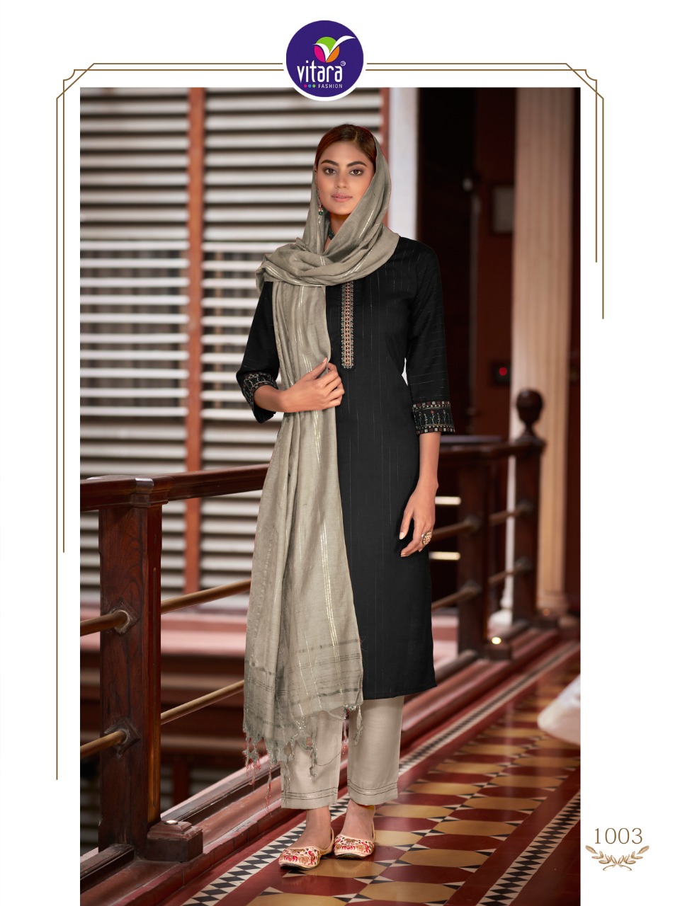 vitara fashion gulzar lurex astonishing top with pant and  dupatta catalog