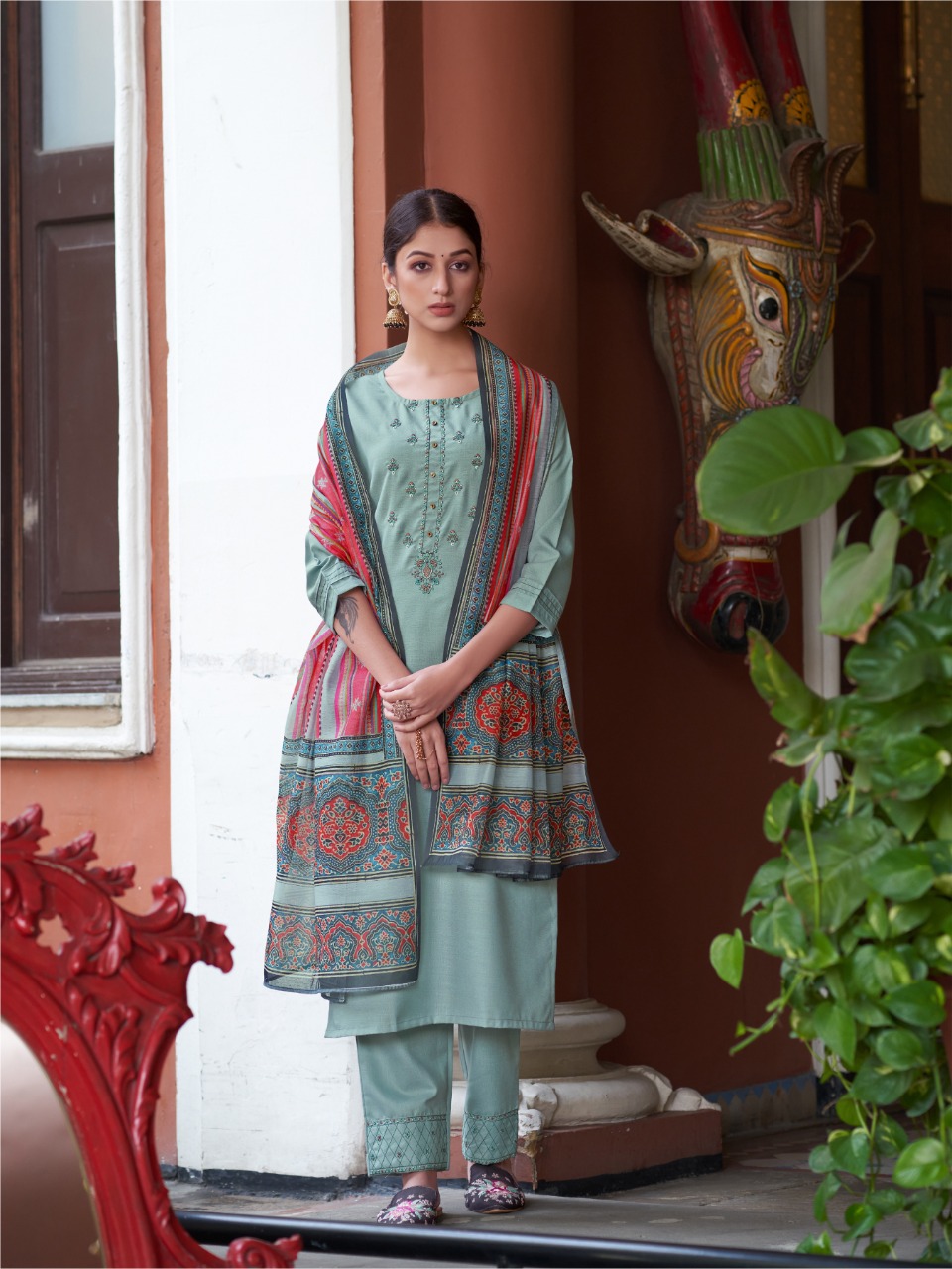 vitara fashion vercheli slub decent embroidery look top with pant and dupatta catalog