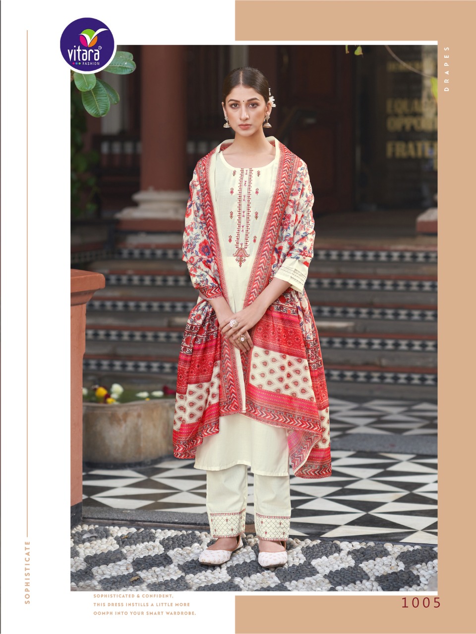 vitara fashion vercheli slub decent embroidery look top with pant and dupatta catalog