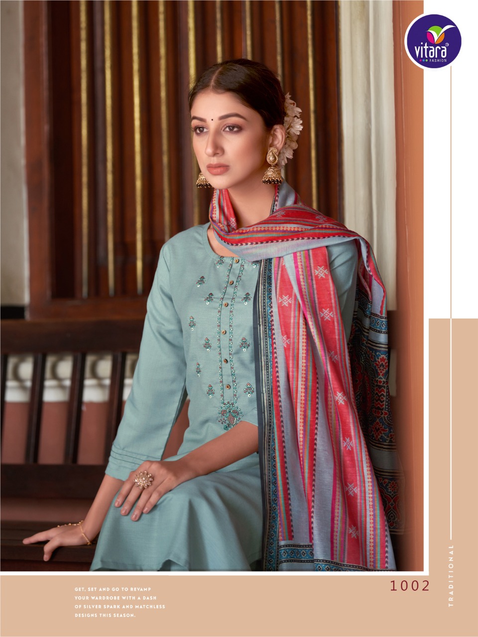 vitara fashion vercheli slub decent embroidery look top with pant and dupatta catalog