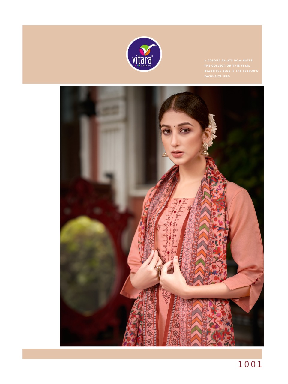 vitara fashion vercheli slub decent embroidery look top with pant and dupatta catalog