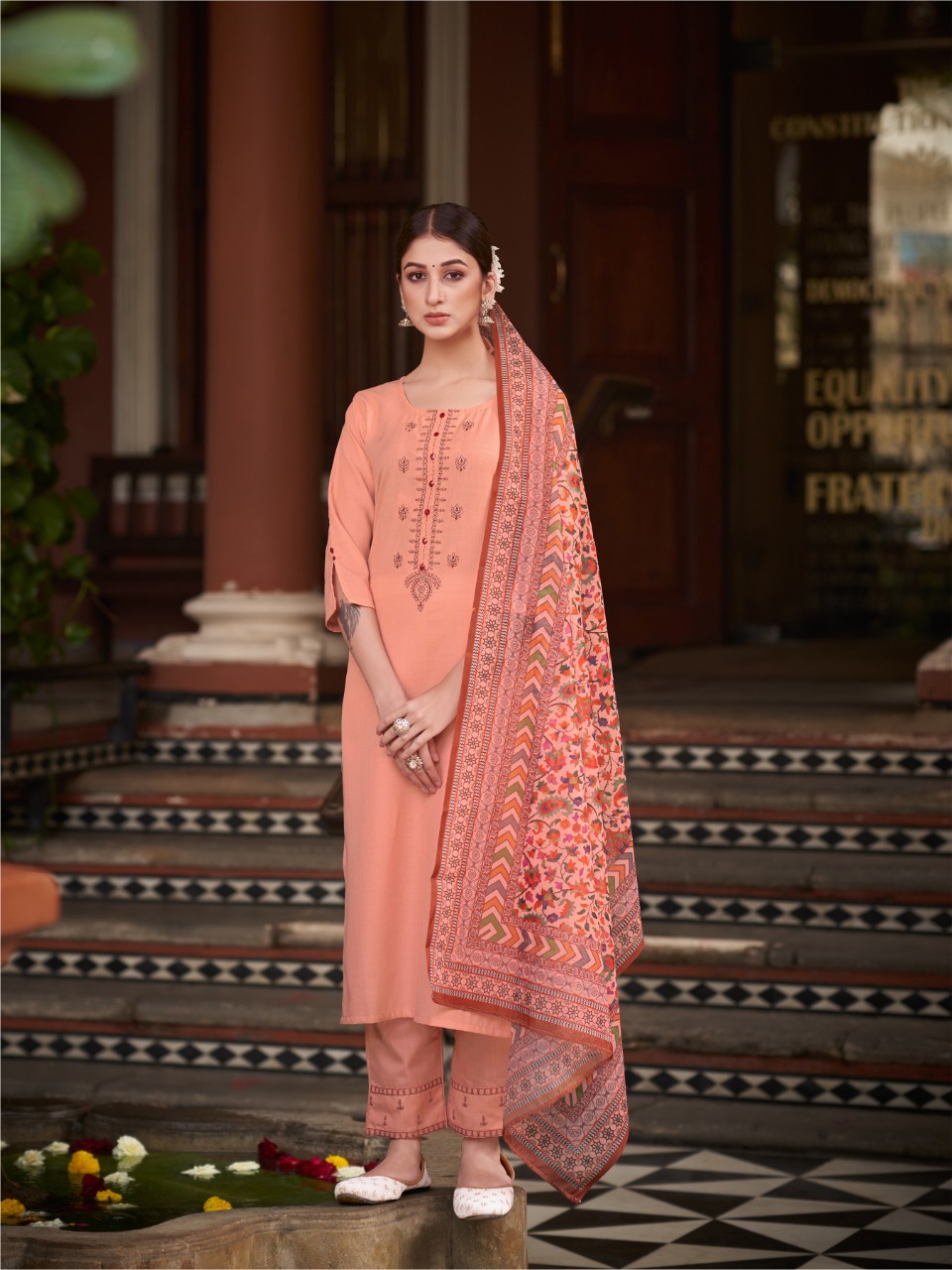 vitara fashion vercheli slub decent embroidery look top with pant and dupatta catalog