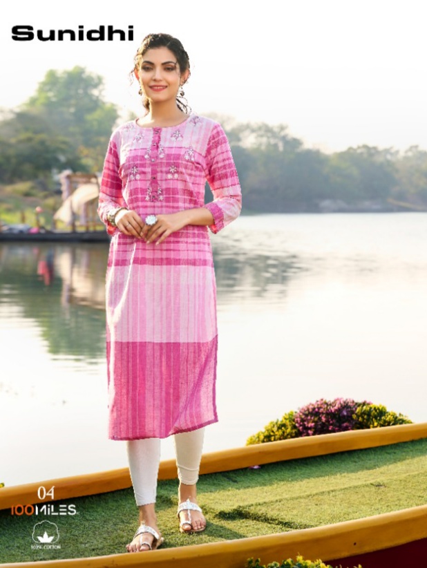 100 miles sunidhi cotton decent look kurti catalog