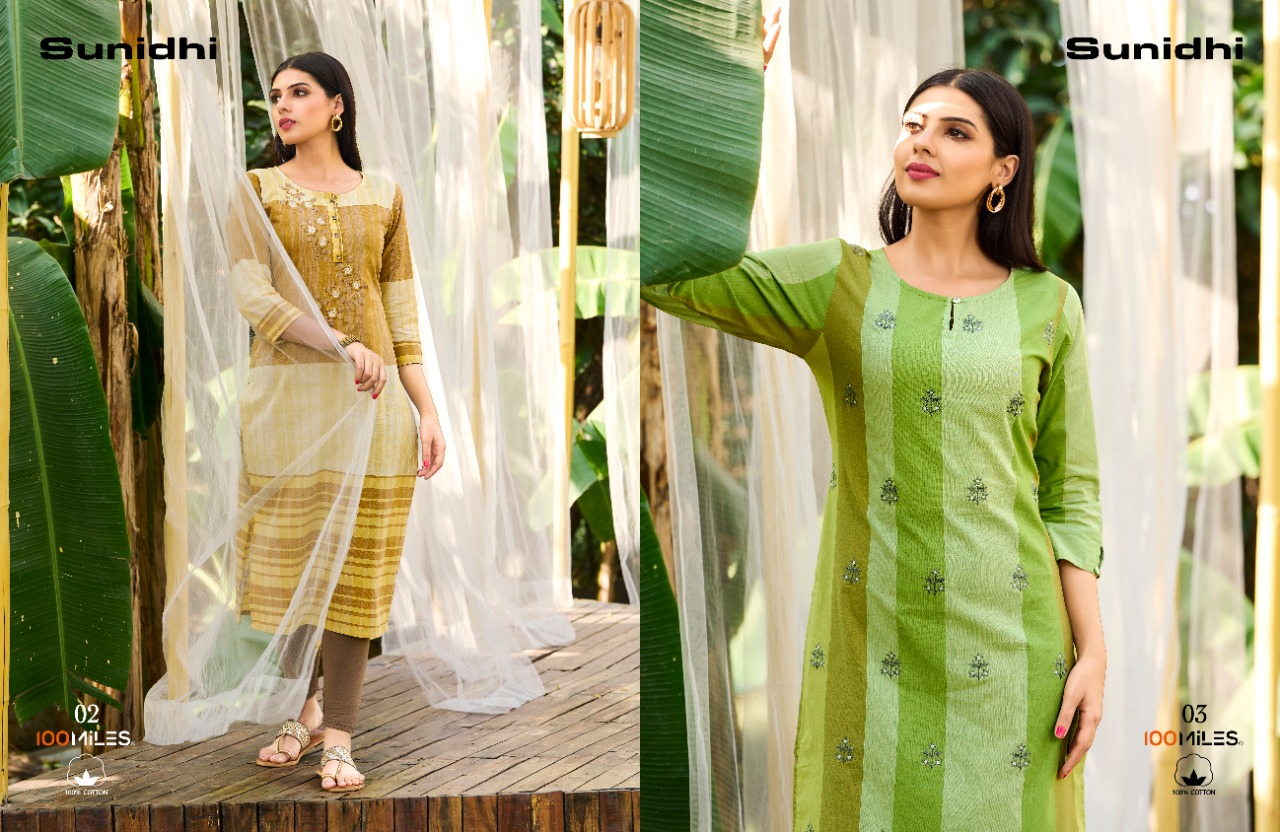 100 miles sunidhi cotton decent look kurti catalog