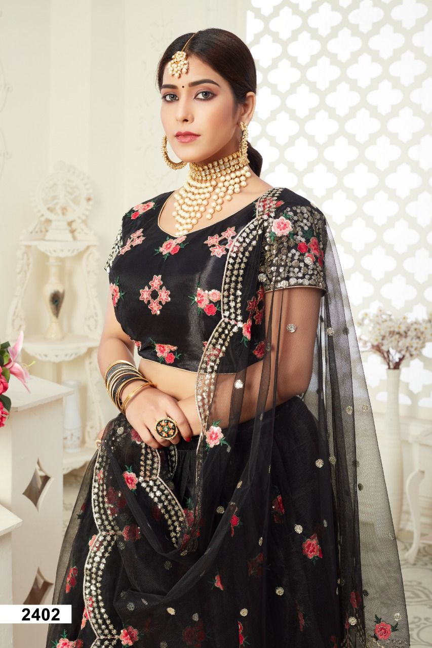 aawiya official  inaayat  vol 12402 Black butterfly net regal look lehenga single