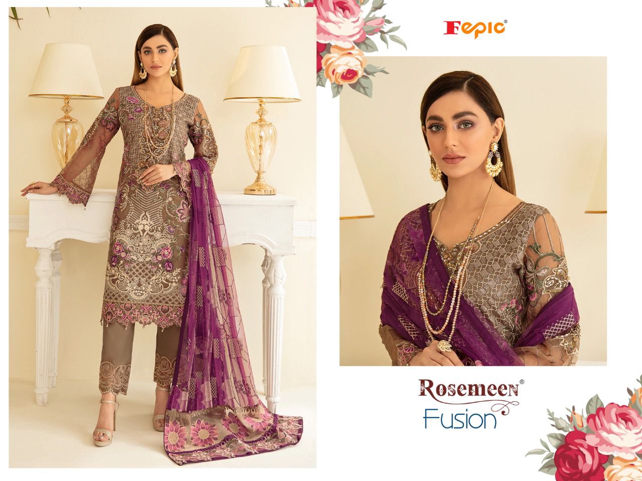 fepic rosemeen fusion georgette regal look salwar suit catalog