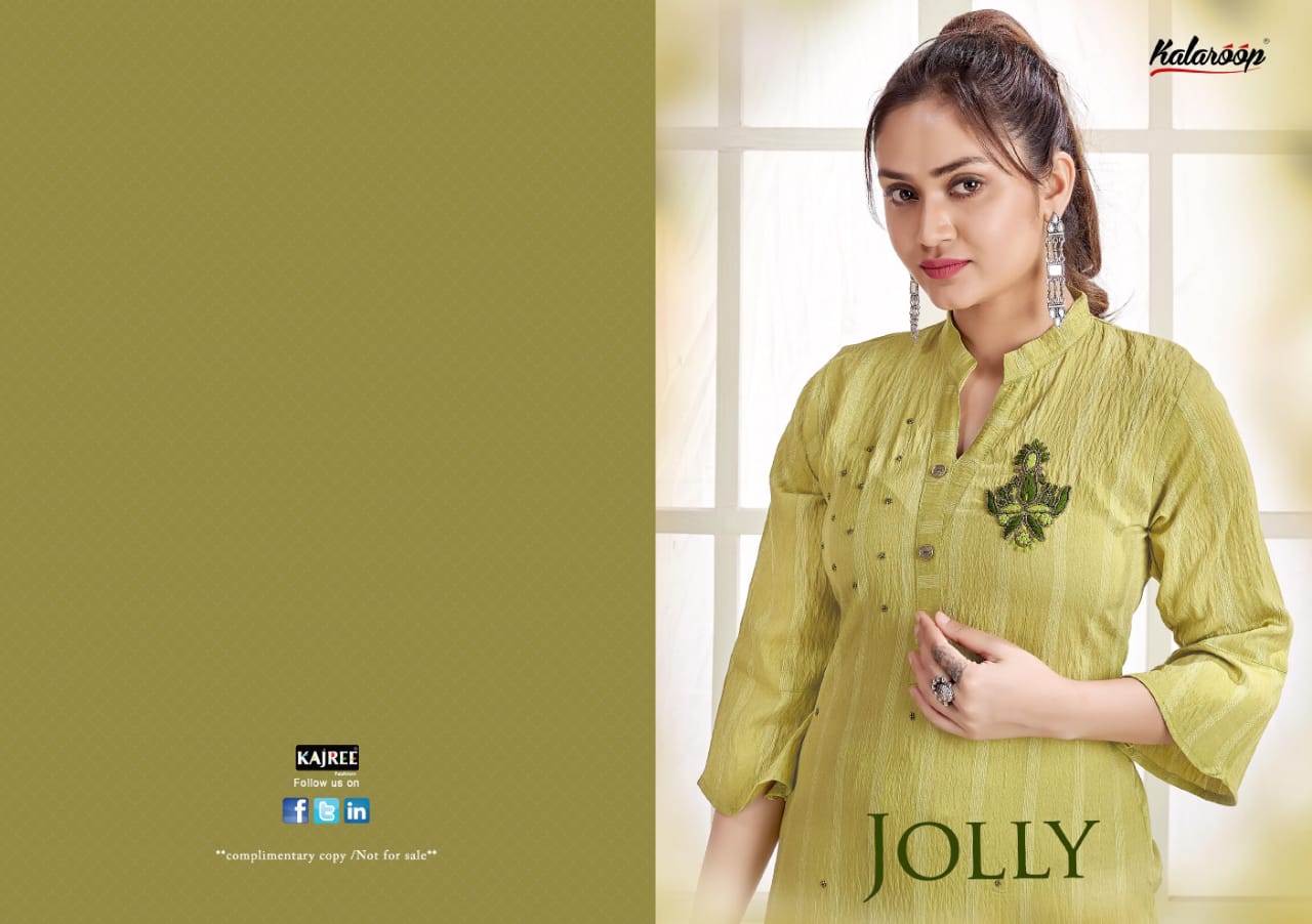 kalaroop by kajree jolly fancy silk decent embroidary look kurti catalog