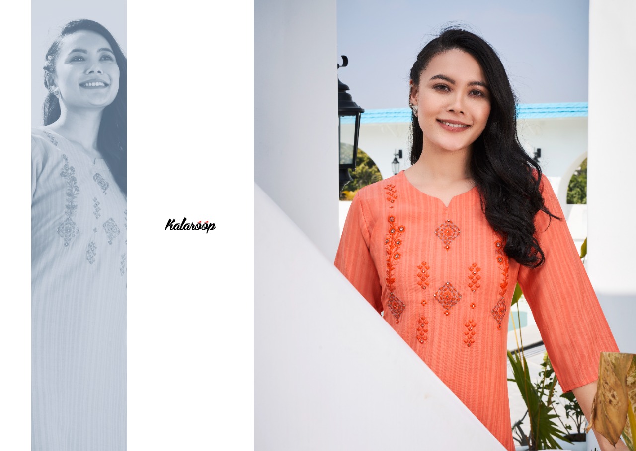 kalaroop by kajree treat rayon decent embroidary look kurti catalog