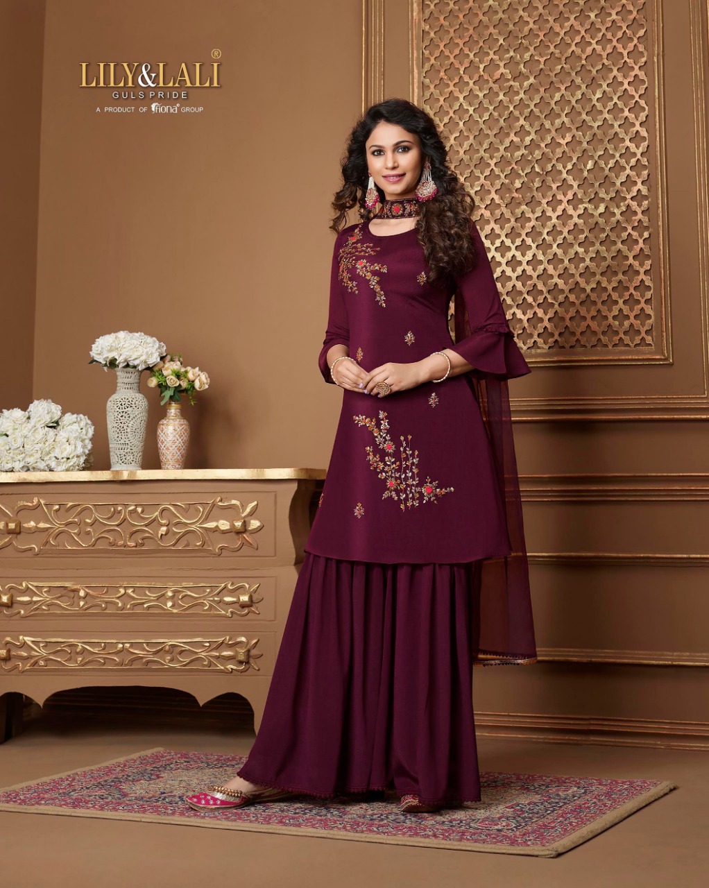 lily and lali glorious chinnon new and modern style top with Gharara and dupatta catalog