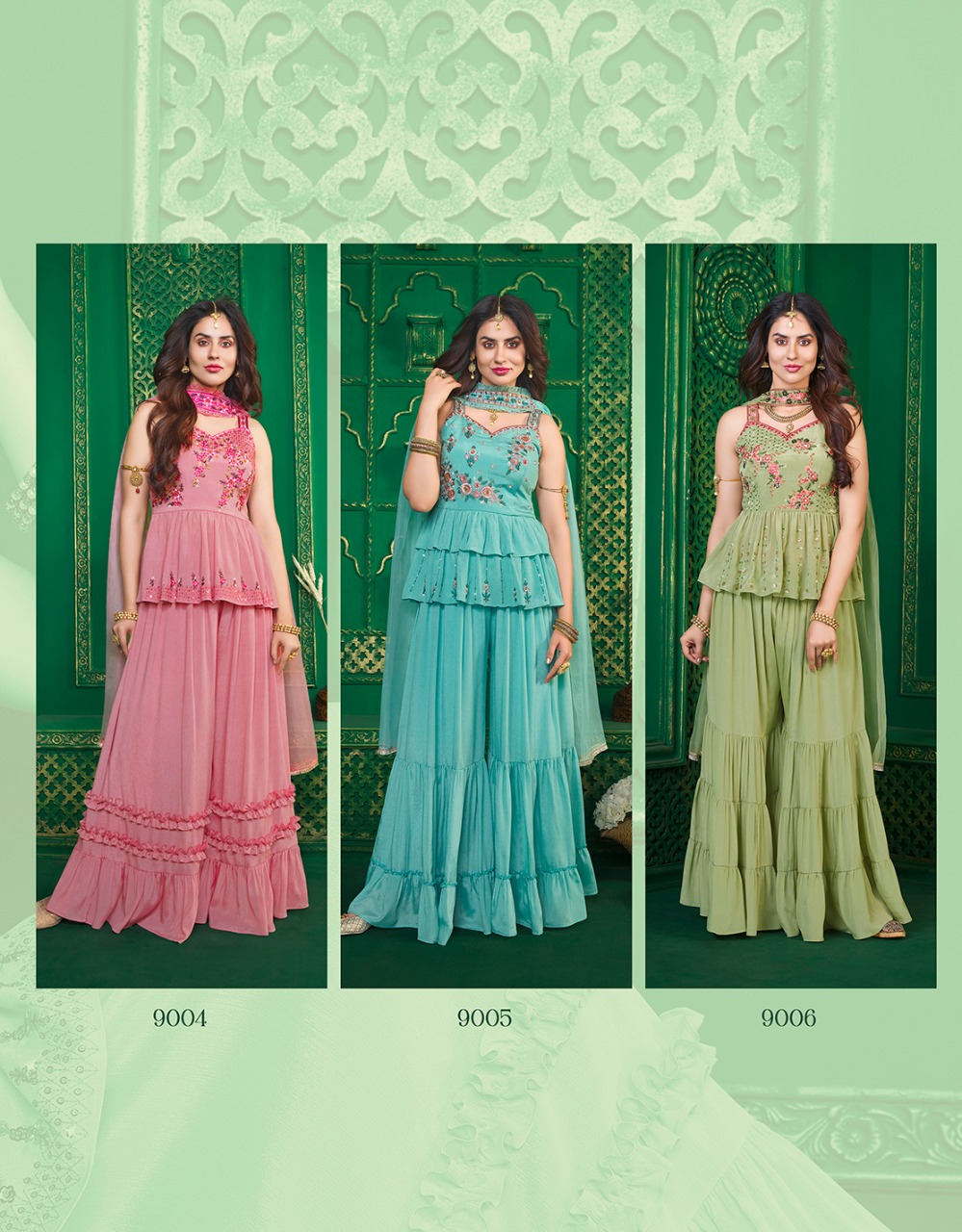 lily and lali spaghetti chinnon new and modern style top with Gharara and sharara dupatta catalog