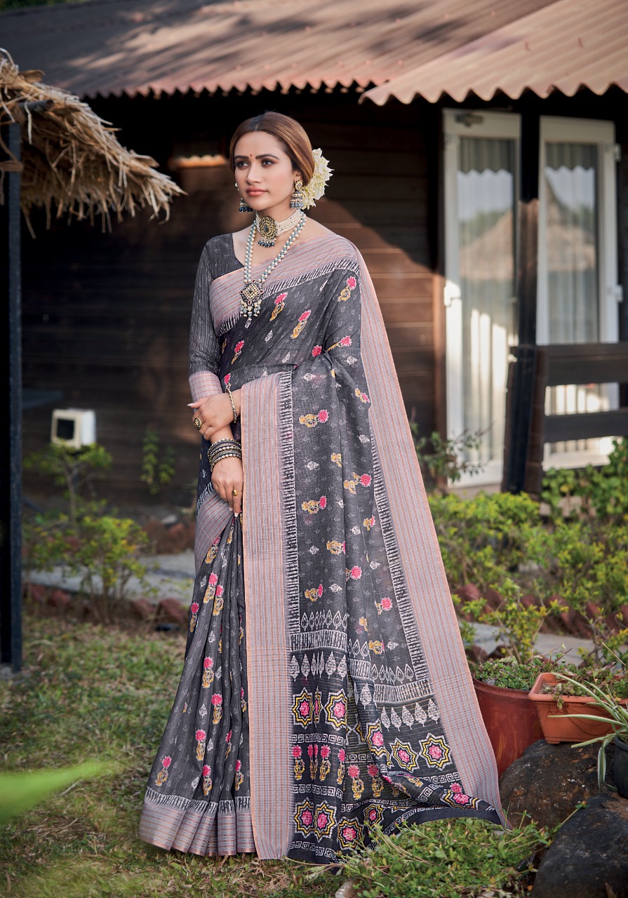 lt saree panghat linen silk graceful print saree catalog