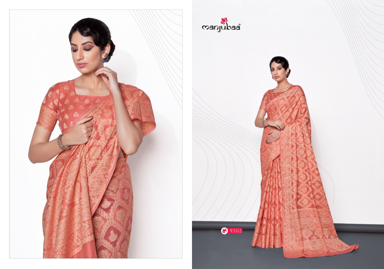 manjubaa Muskaan 3 Silk 9300 Series 9301 To 9306 Lucknowi Cotton graceful look saree catalog