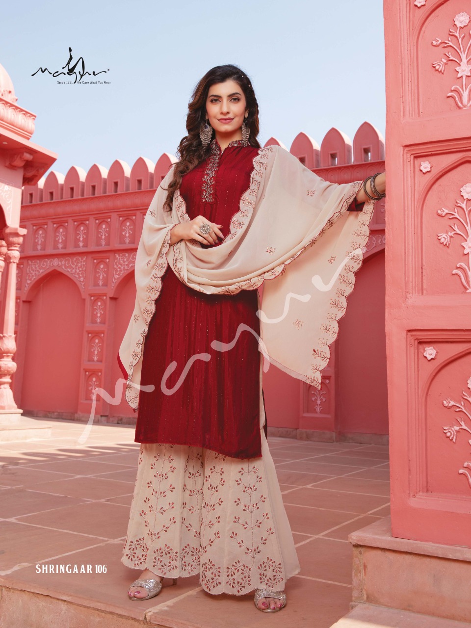 mayur shrangar georgette catchy look kurti sharara with dupatta catalog