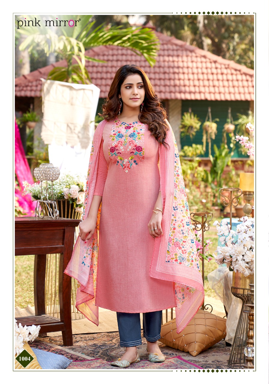 pink mirror precious viscose decent embroidary look top with pant and dupatta catalog