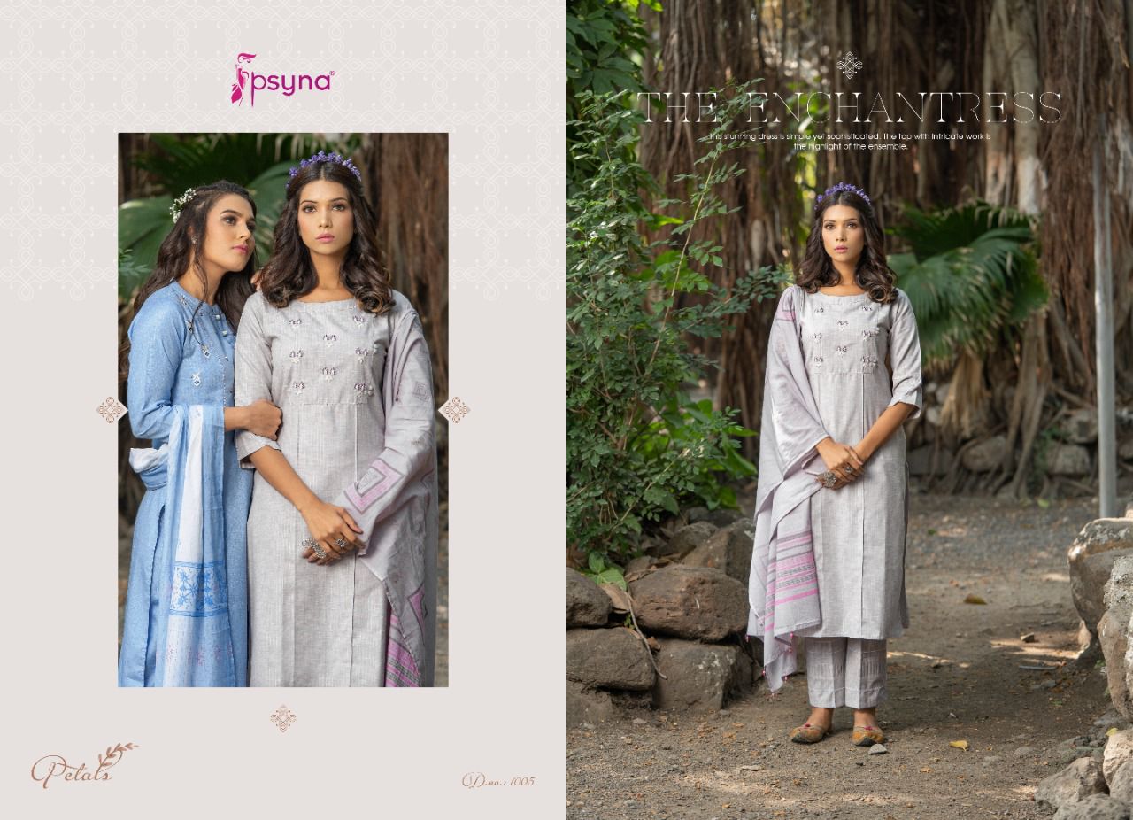 Psyna petals cotton new and modern style top bottom with dupatta catalog