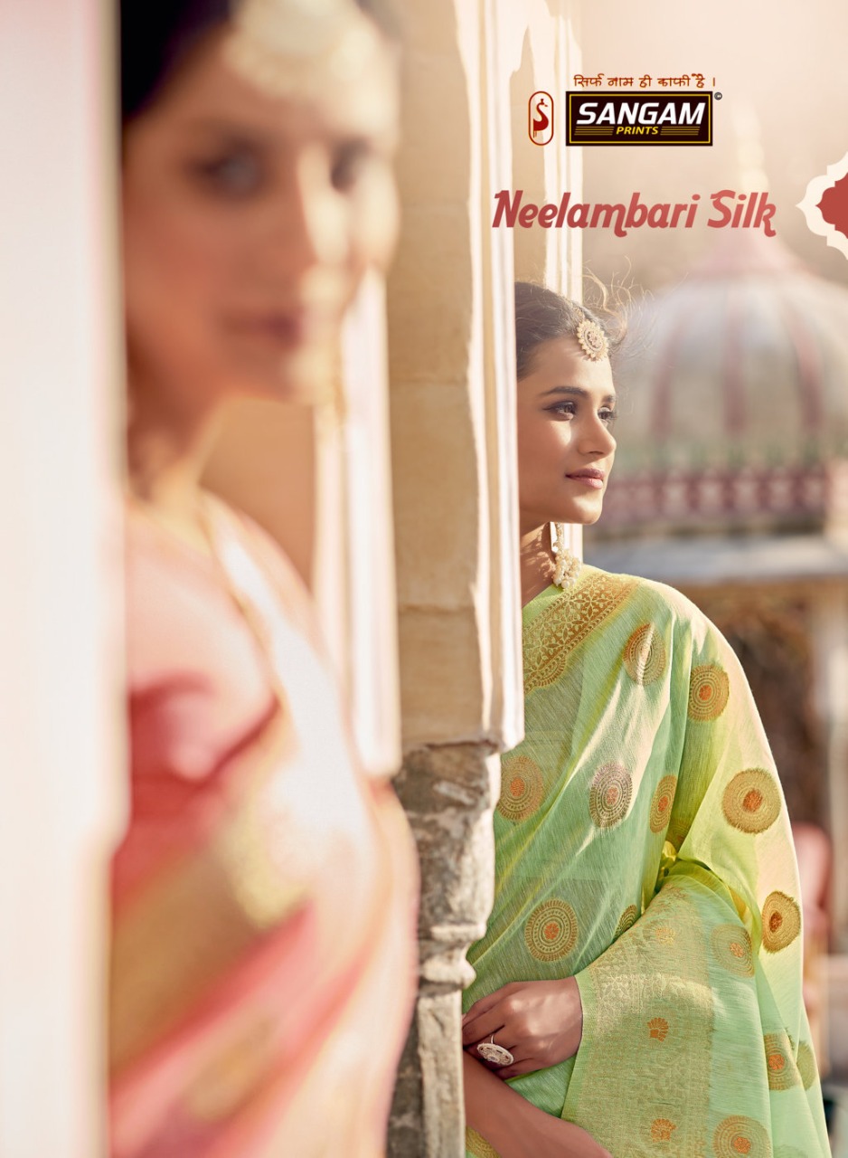 sangam print nilambari silk linen gorgeous look saree catalog