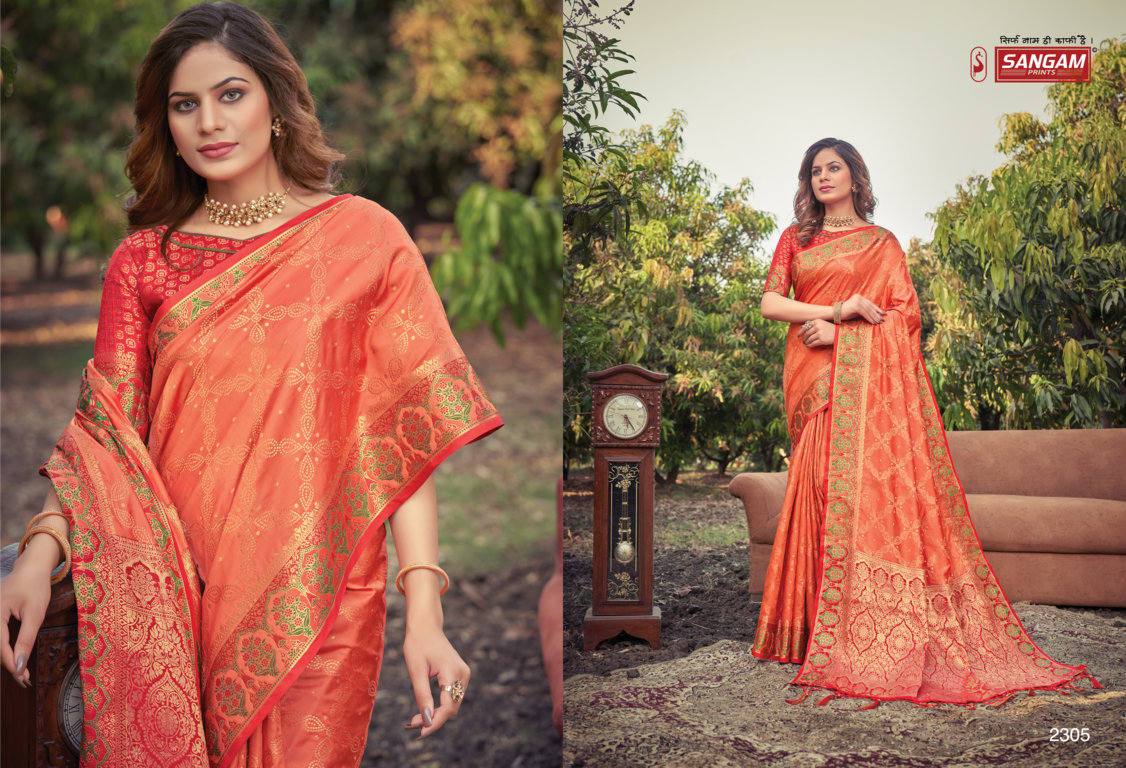 sangam print prachi silk banarasi silk attractive look saree catalog