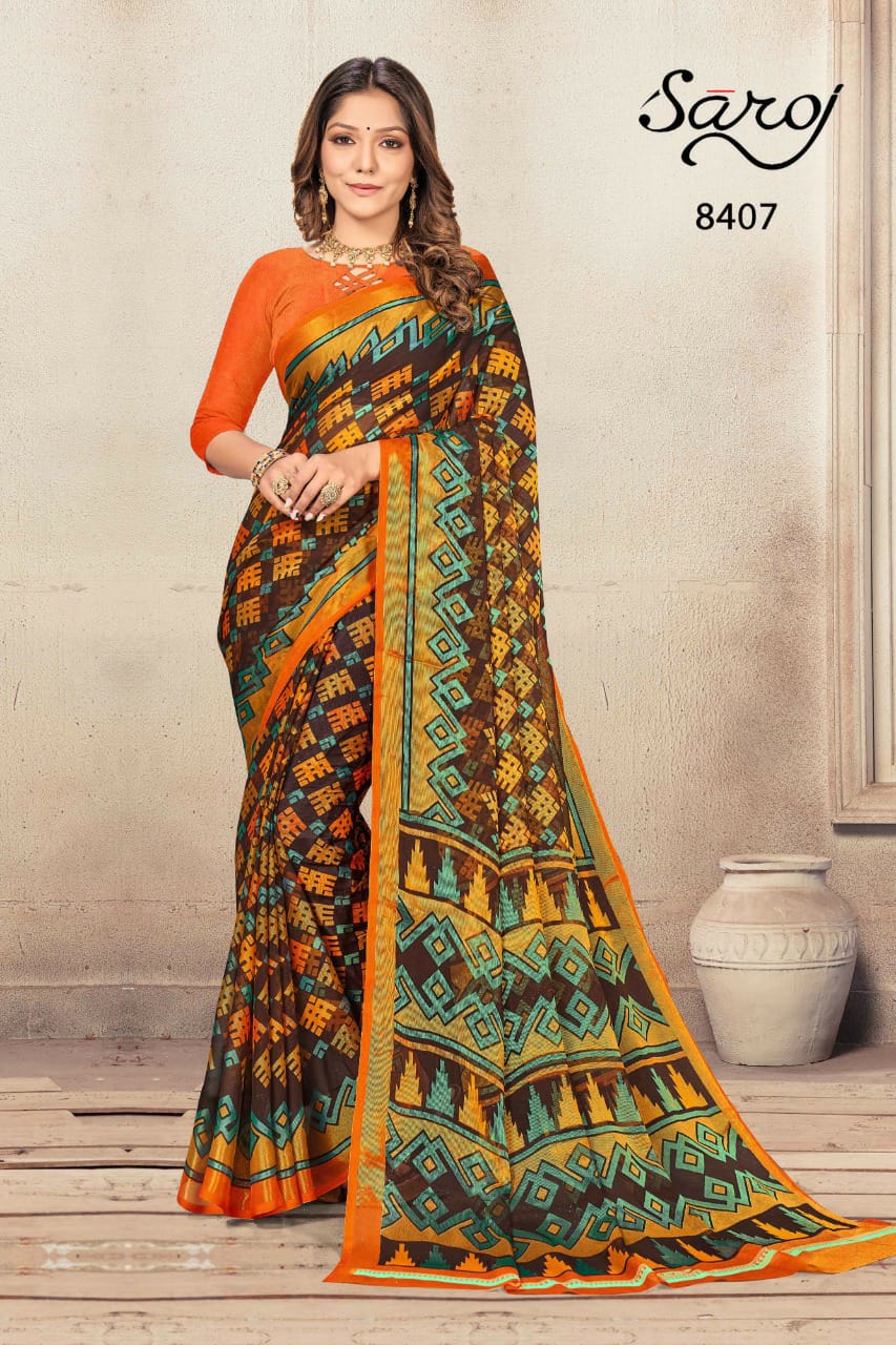 saroj saree Khushi Georgette Brasso Print gorgeous look saree catalog