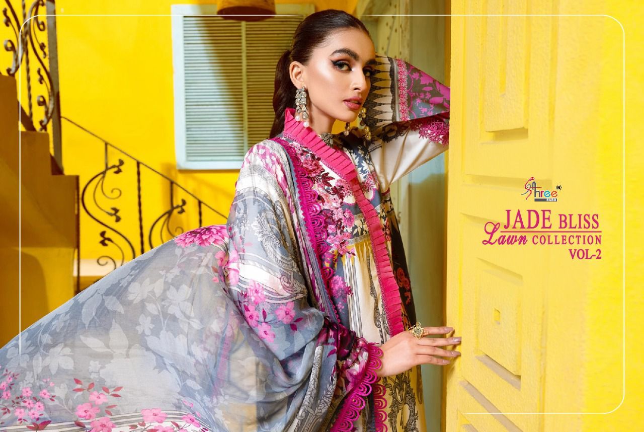 shree fab jade bliss lawn collection vol 2 lawn cotton innovative look salwar suit with chiffon dupatta catalog