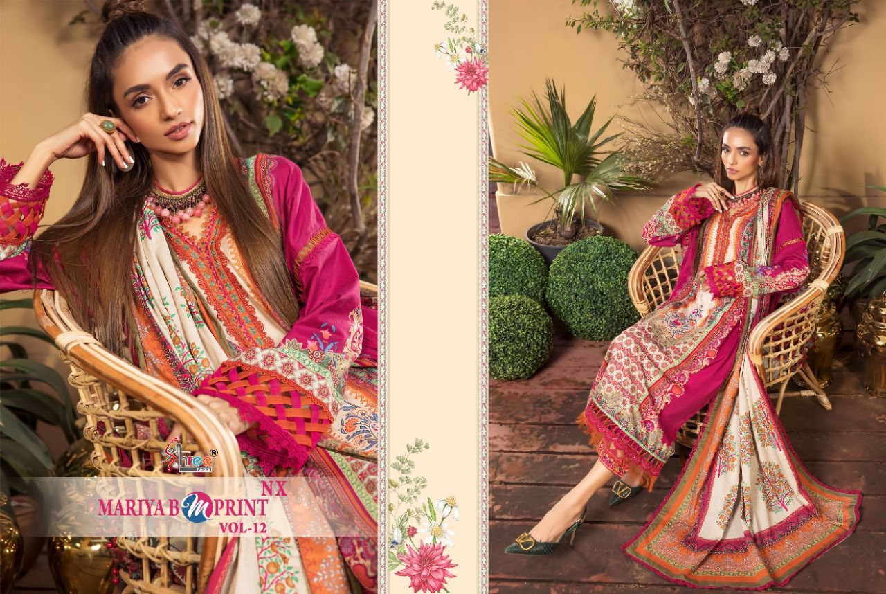 shree fab mariab m print vol 12 nx  cotton elegant salwar suit with siffon dupatta catalog