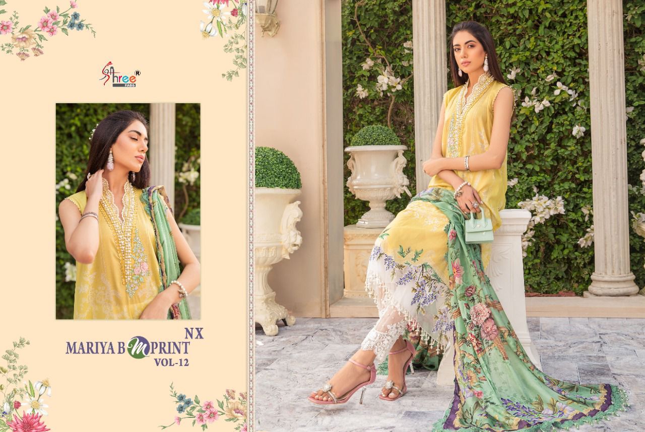 shree fab mariab m print vol 12 nx  cotton elegant salwar suit with siffon dupatta catalog