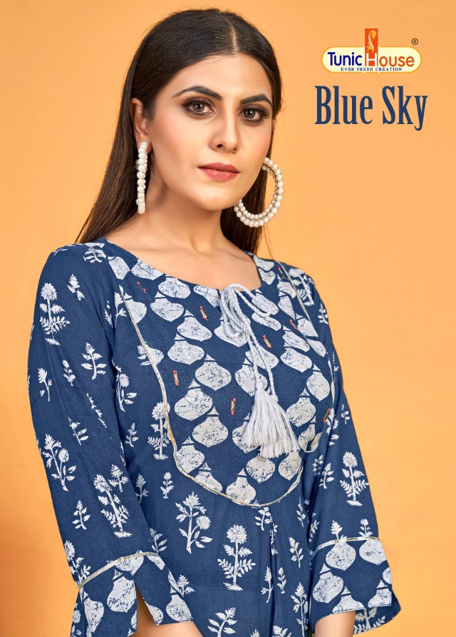 Tunic house blue sky viscose graceful look kurti with plazzo catalog