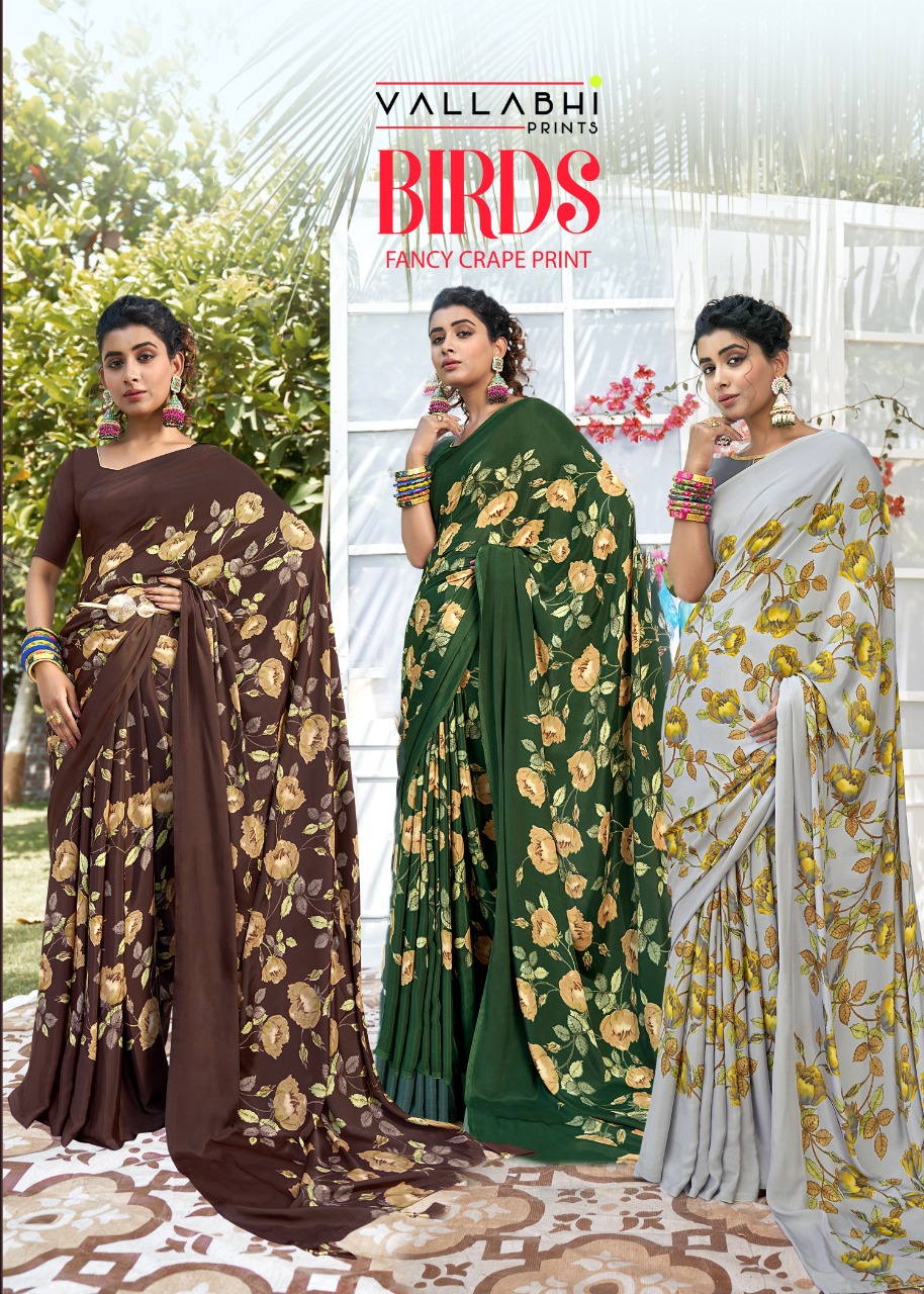 vallabhi Birds Fancy Crape Print georgette regal look saree catalog