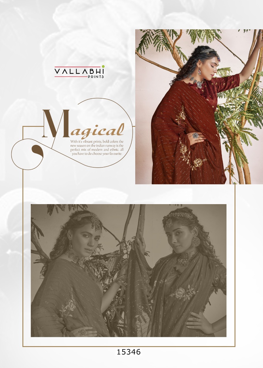 vallabhi print lara georgette elegant look saree catalog