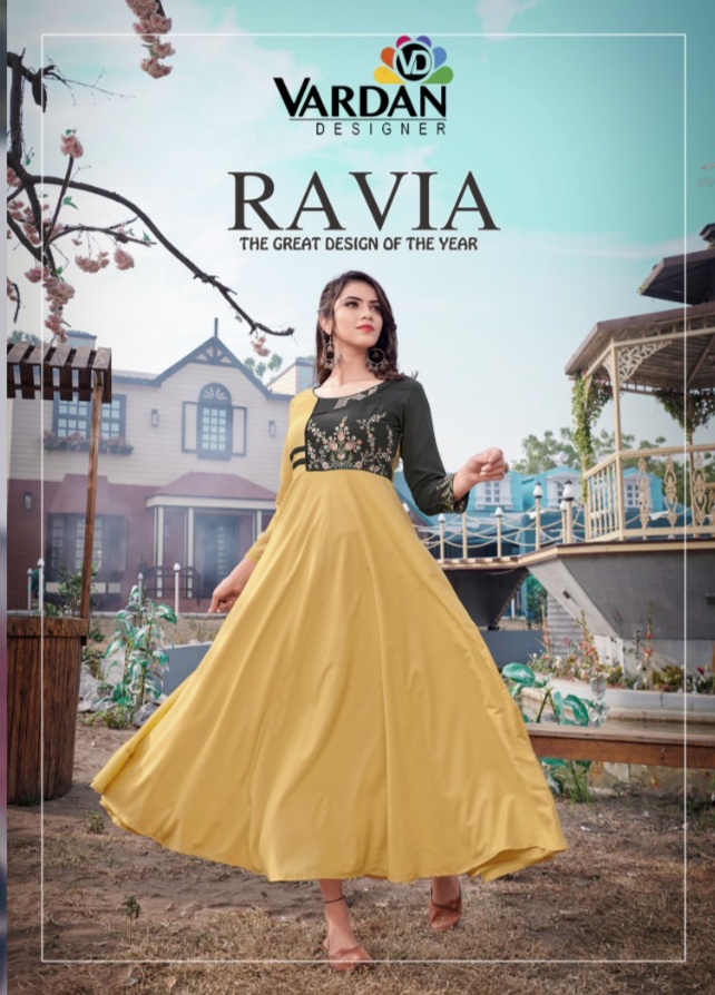 vardan deisgner ravia vol 1 riyon new and modern style long kurti catalog