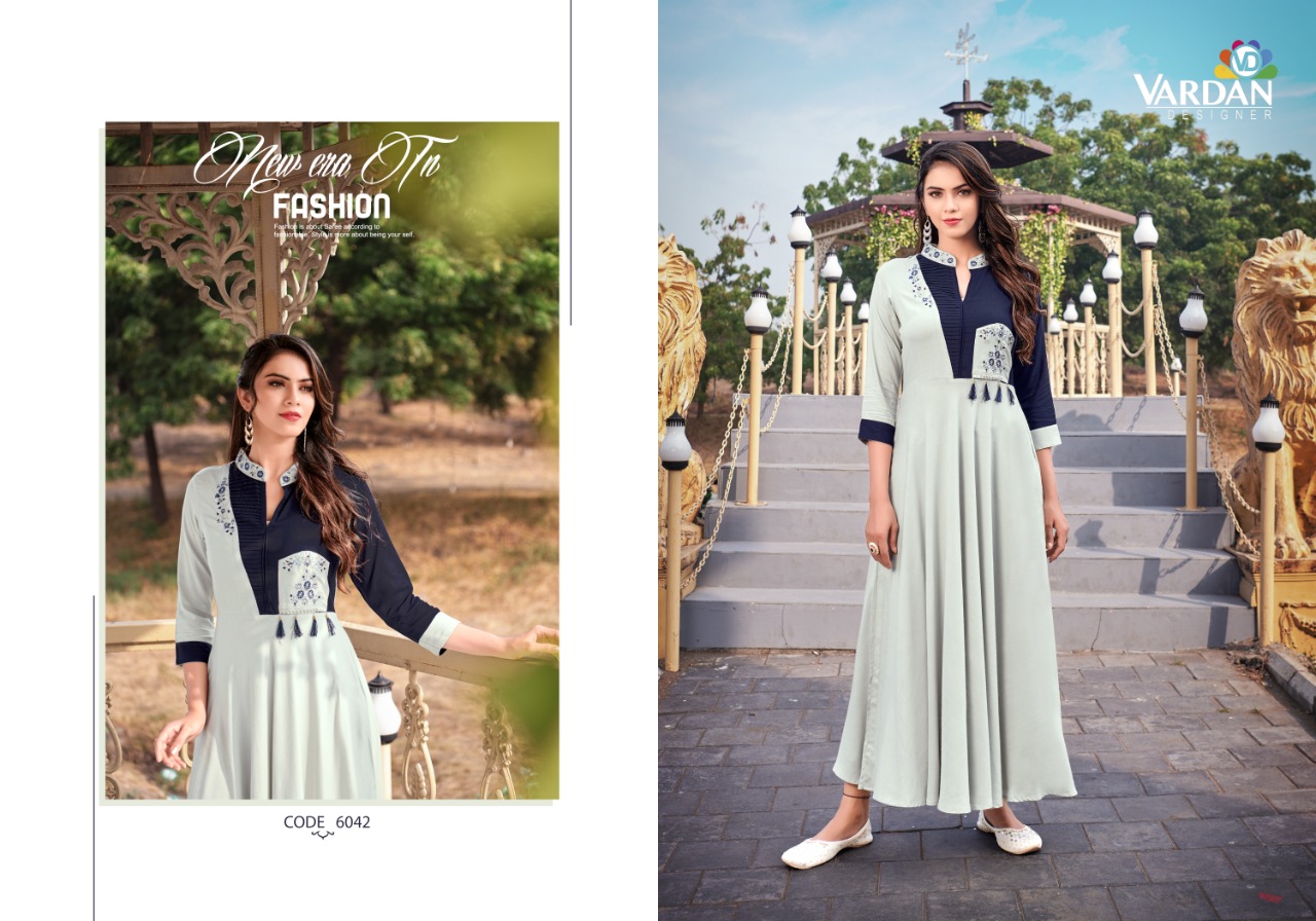 vardan deisgner ravia vol 1 riyon new and modern style long kurti catalog