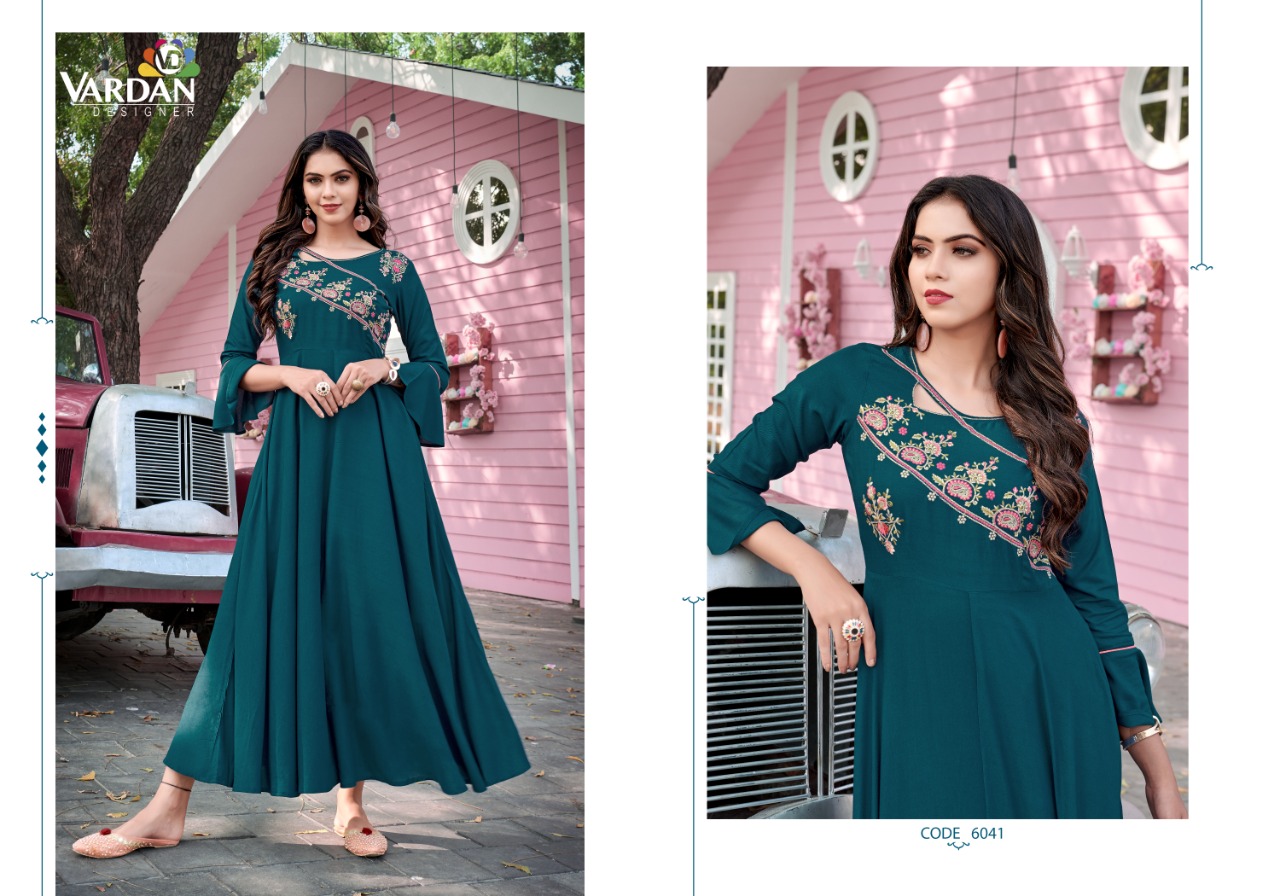 vardan deisgner ravia vol 1 riyon new and modern style long kurti catalog