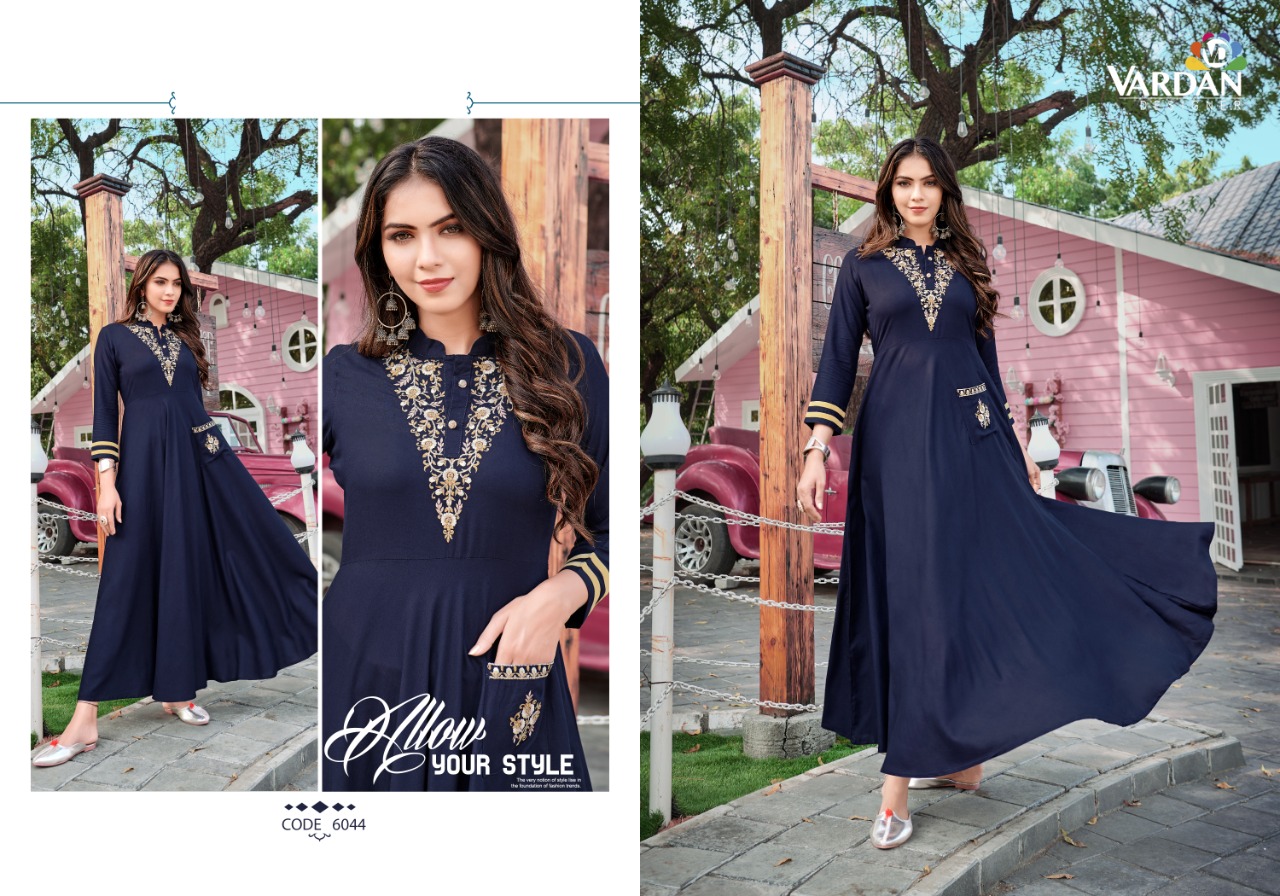 vardan deisgner ravia vol 1 riyon new and modern style long kurti catalog