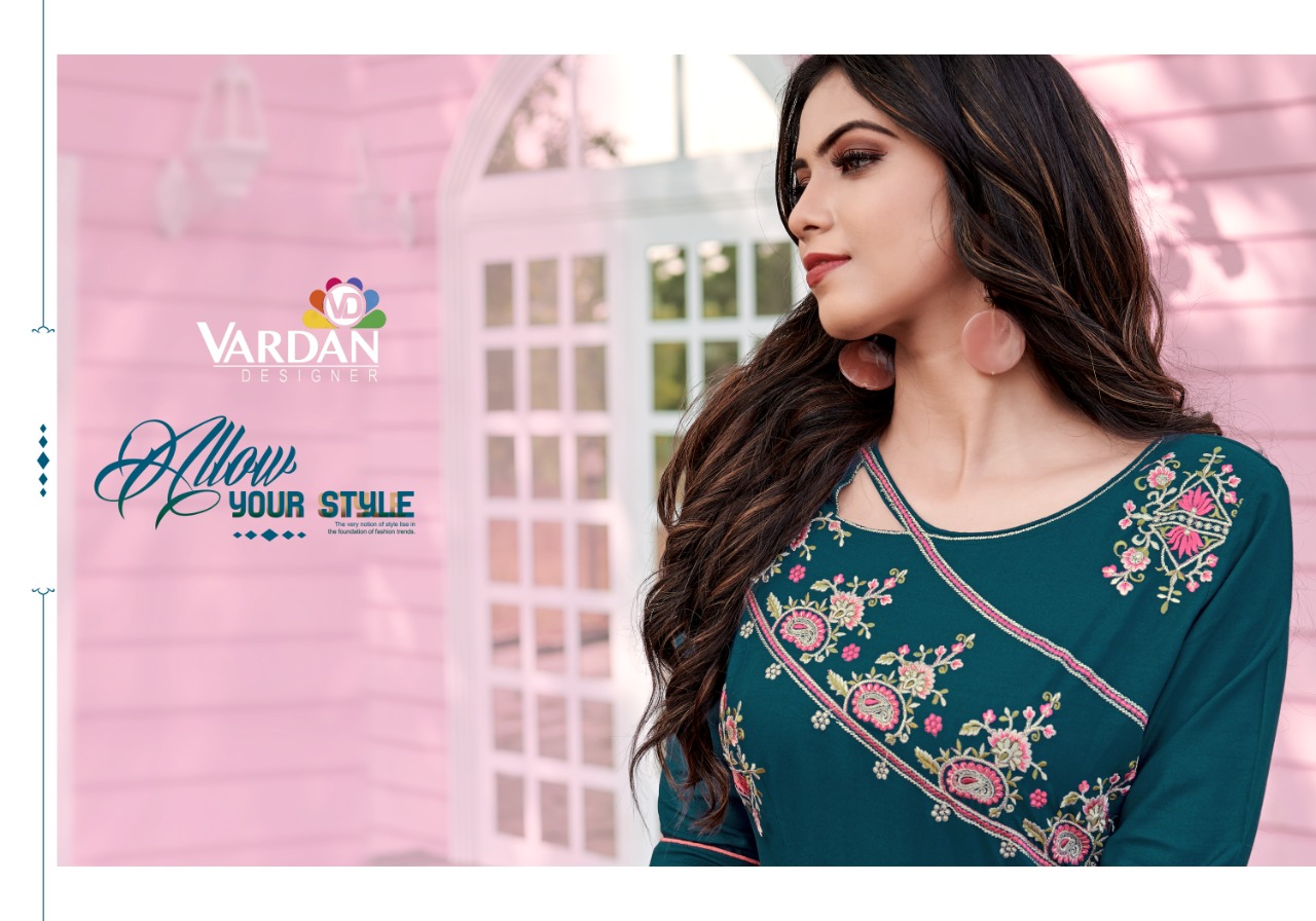 vardan deisgner ravia vol 1 riyon new and modern style long kurti catalog