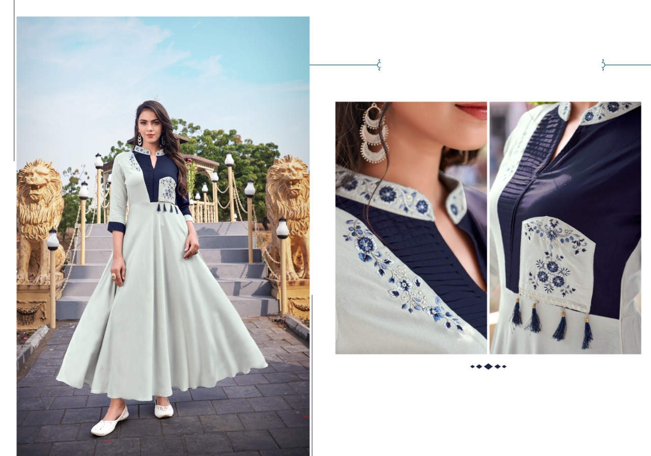 vardan deisgner ravia vol 1 riyon new and modern style long kurti catalog