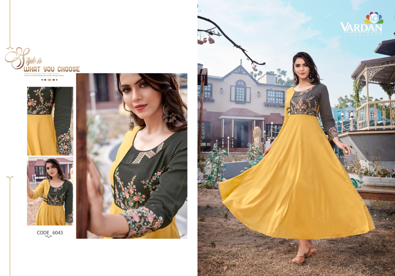 vardan deisgner ravia vol 1 riyon new and modern style long kurti catalog