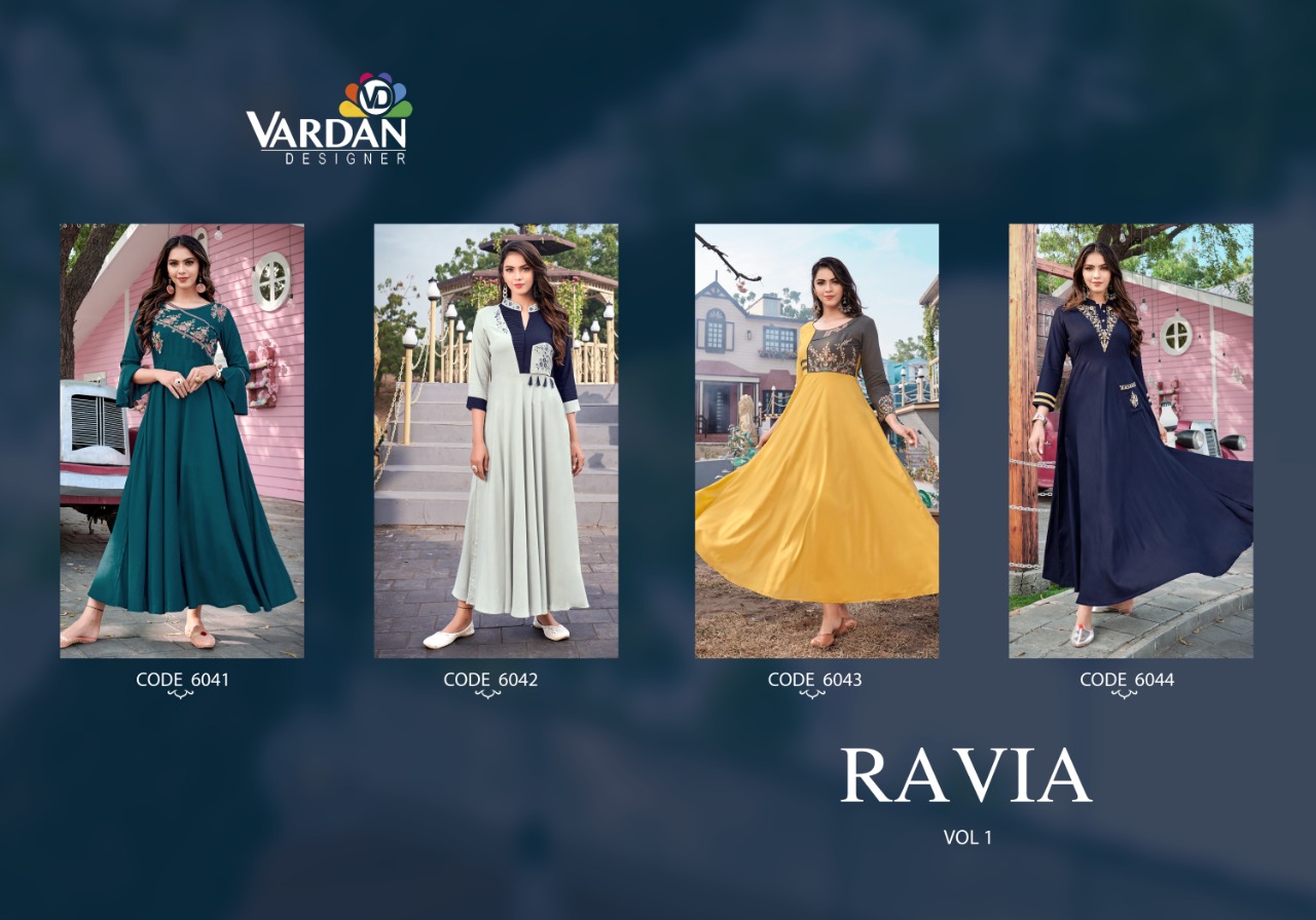 vardan deisgner ravia vol 1 riyon new and modern style long kurti catalog