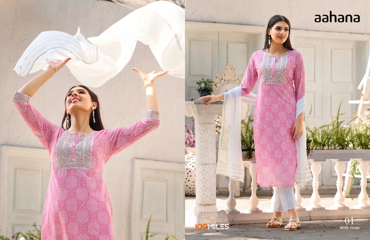 100 miles aahna georgette catchy look kurti pant with dupatta catalog