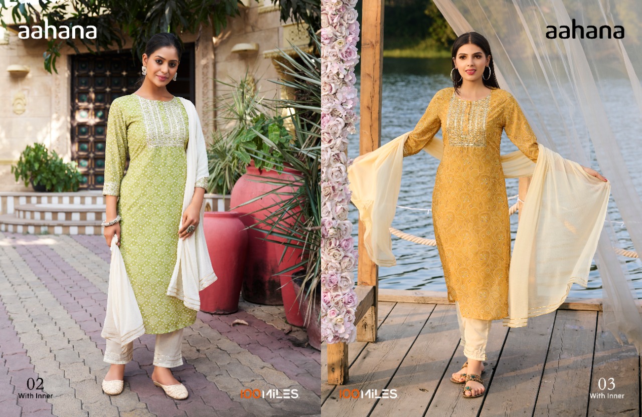 100 miles aahna georgette catchy look kurti pant with dupatta catalog