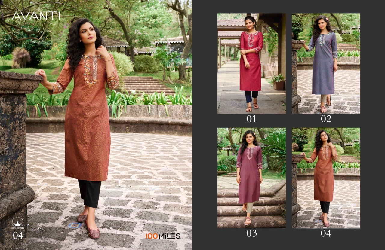 100 Miles avanti cotton decent embrodairy look kurti catalog