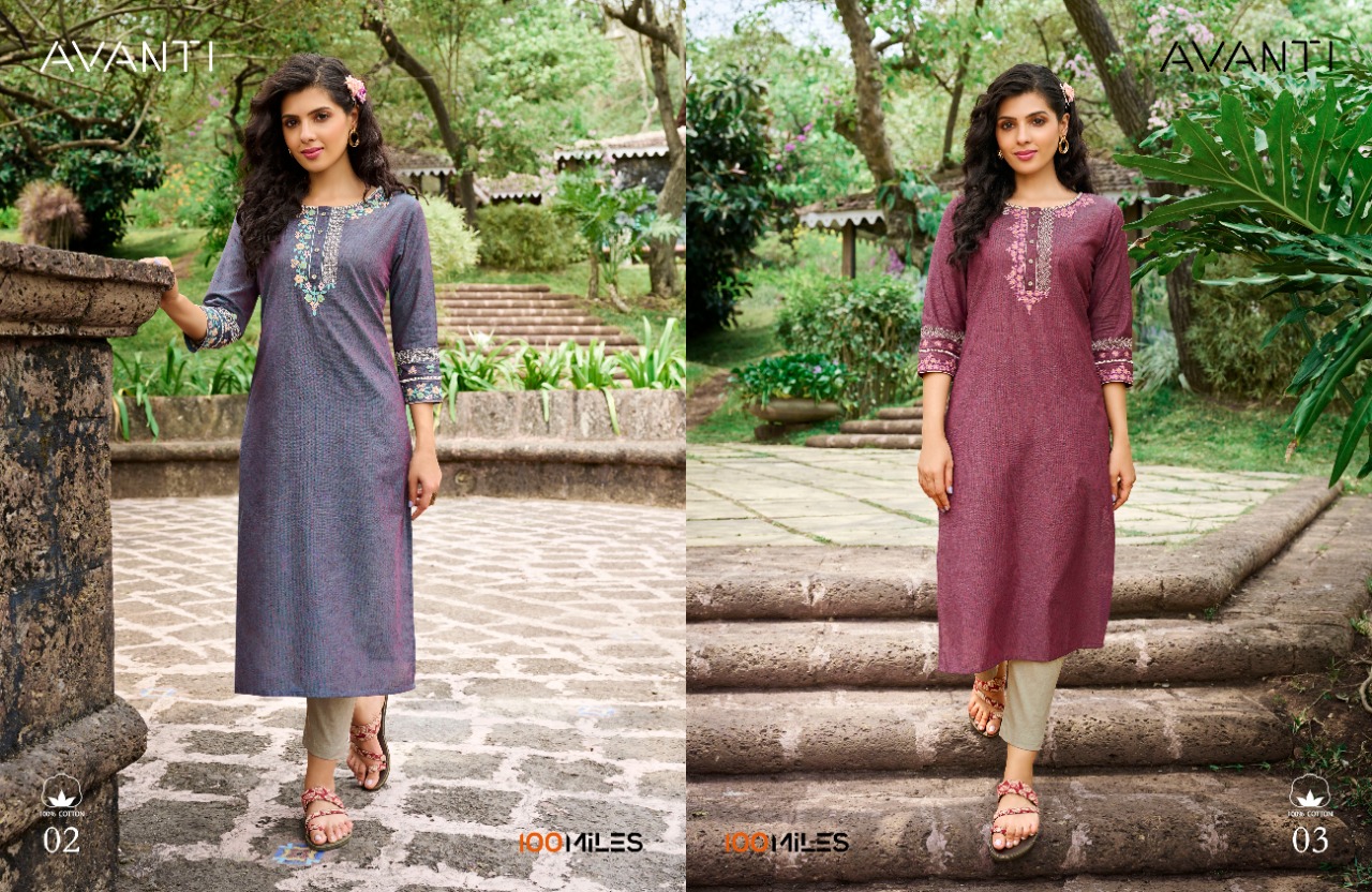 100 Miles avanti cotton decent embrodairy look kurti catalog