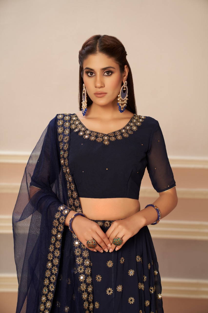 aawiya official 1203 navya blue mirror georgette attractive look lehenga catalog