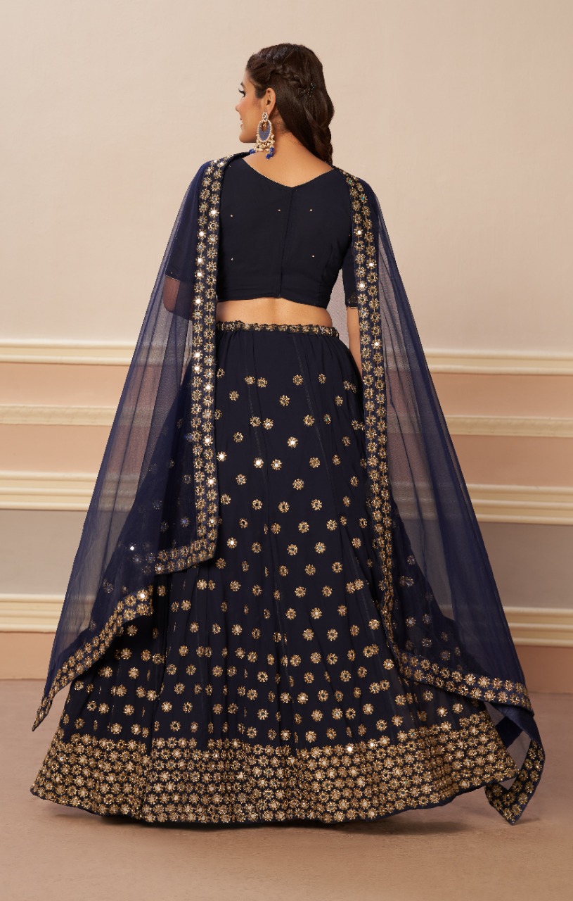 aawiya official 1203 navya blue mirror georgette attractive look lehenga catalog